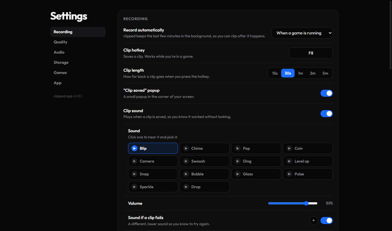 The clipped app's settings: record automatically when a game is running, clip hotkey F8, 30 second clips, 1080p at 60 FPS